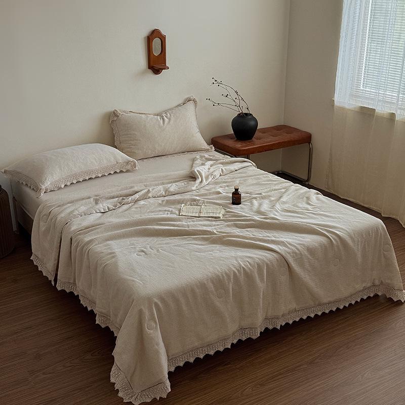 French Retro Cotton Linen Summer Quilt Set with Lace Trim - 4 Piece Girls' Elegant Cool Quilt Set