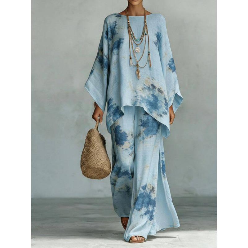 Casual print suit for women, bat-sleeved irregular top, drape wide-leg pants, two-piece set, one piece