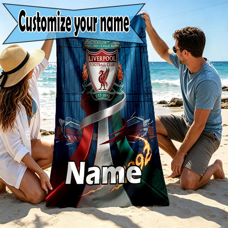 Custom Name Personalized Liverpool Football Club Print Beach Towel, for Trip Camping Beach Party Home Decor, Birthday Gift for Family & Friends