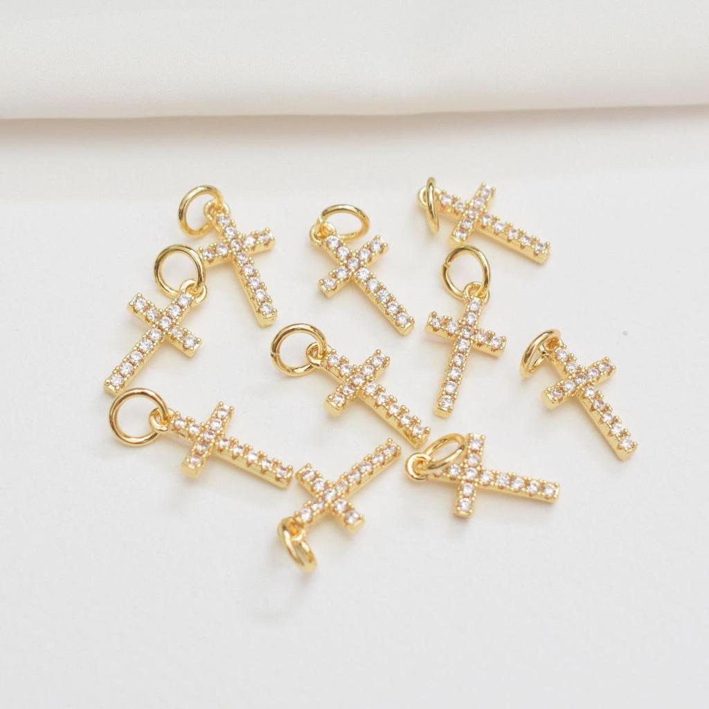 14K Gold-Filled Diamond Mini Cross Pendant for DIY Bracelets and Necklaces