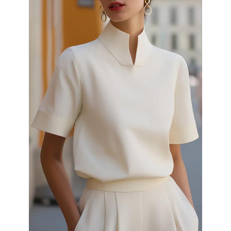Stehkragen Kurzarm Bluse Elegante Bürokleidung Lässige Arbeitskleidung Oberteile für Damen