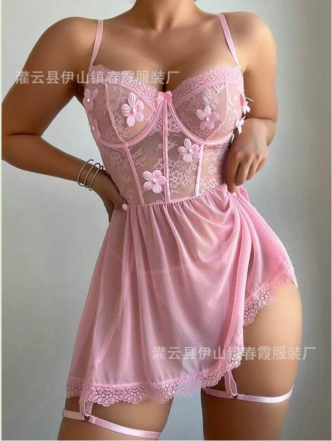 Black Straps, Breast-showing Underwear, Sexy Mesh Set, European and American Pajamas.