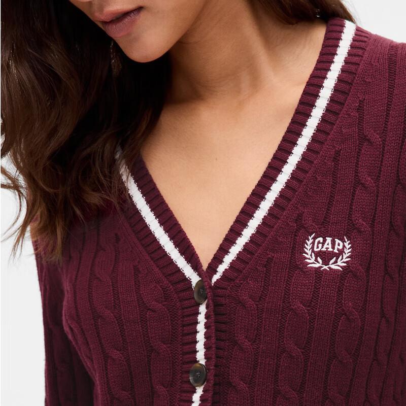 Gap Women's 2025 Autumn Embroidered Logo Cotton V-Neck Cable Knit Cardigan