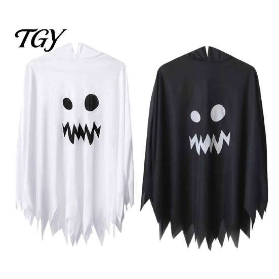 Spooky Cosplay Cloak for Boys Girls Hooded Ghost Costume, White/Black Cape Costume Kids Adults, Cute Face Party Dress Halloween Outfit with Wave Edge