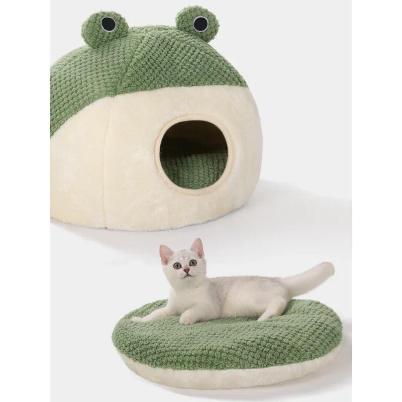 Plush Warm Green Cat Dog Beds Nesting Basket Frog Shape Cartoon Cat Kennel Beds Pet Accessories