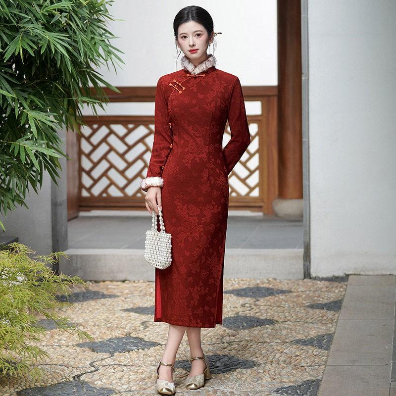 Womens Winter Warm Lined Chinese-Inspired Long Sleeve Cheongsam Dress With Stand Collar Design In Brocade Fabric