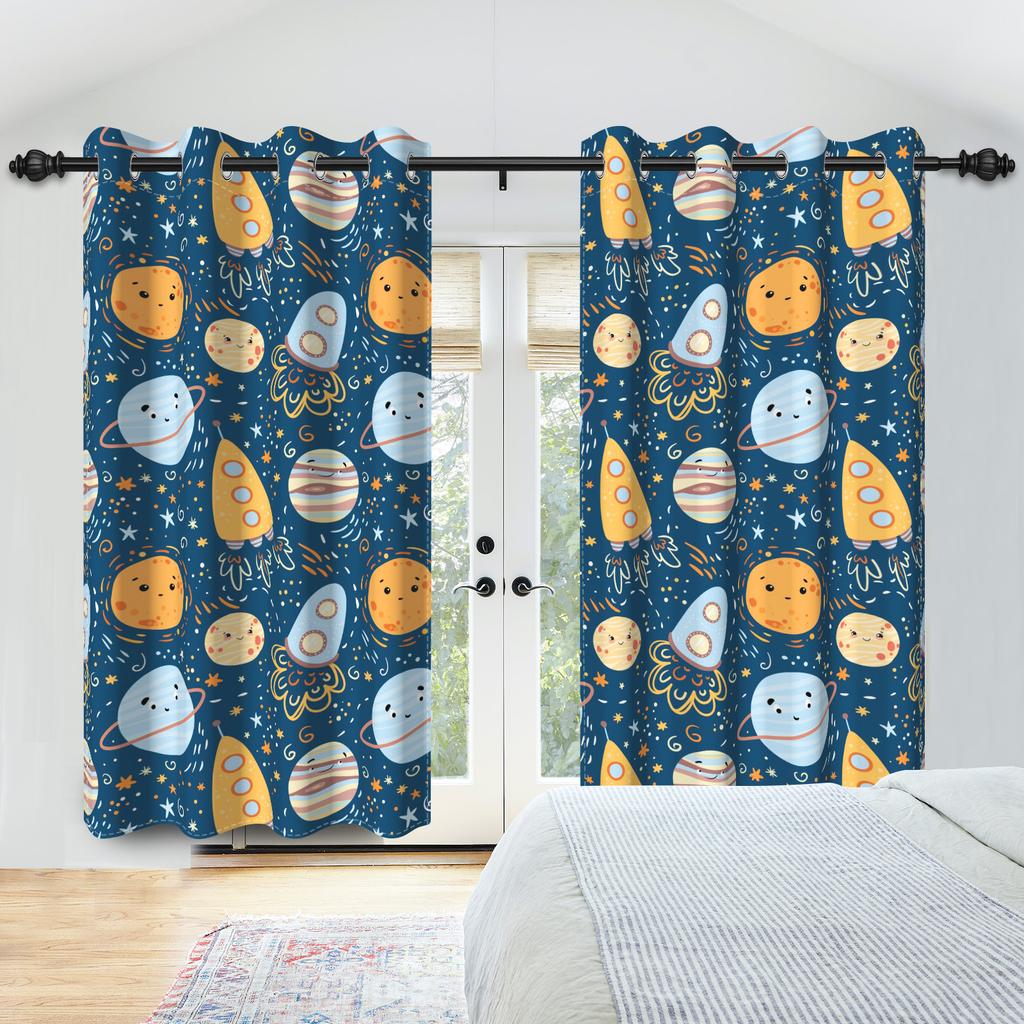Set mit 2 Vorhängen im Weltraum-Thema Sterne Cartoon Astronomisches Design Kinderzimmer Dekoration Schlafzimmer Wohnzimmer Fenster Vorhänge Verdunkelnd Polyester Ideal