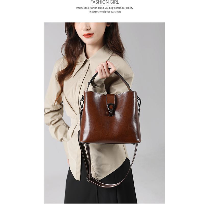 Real Oil Wax Leather Women's Bucket Bag Casual and Simple Handbag Large Capacity Ladies Cowhide Fashionable Crossbody Tote Bag