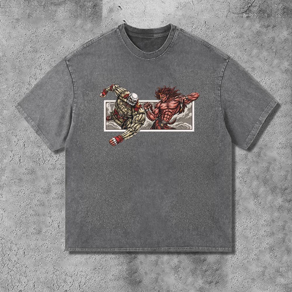 Anime Gaming Battle Tee Fashion Summer Short Sleeve O-neck Oversized Washed Acid T-shirts Unisex Men's Chic Tunics