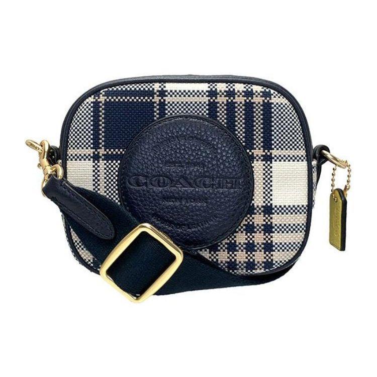 Coach Dempsey 14 Classic Plaid Jacquard Pebble Leather Camera Bag Women Shoulder Bag Dark-Blue White C8681-IMF23