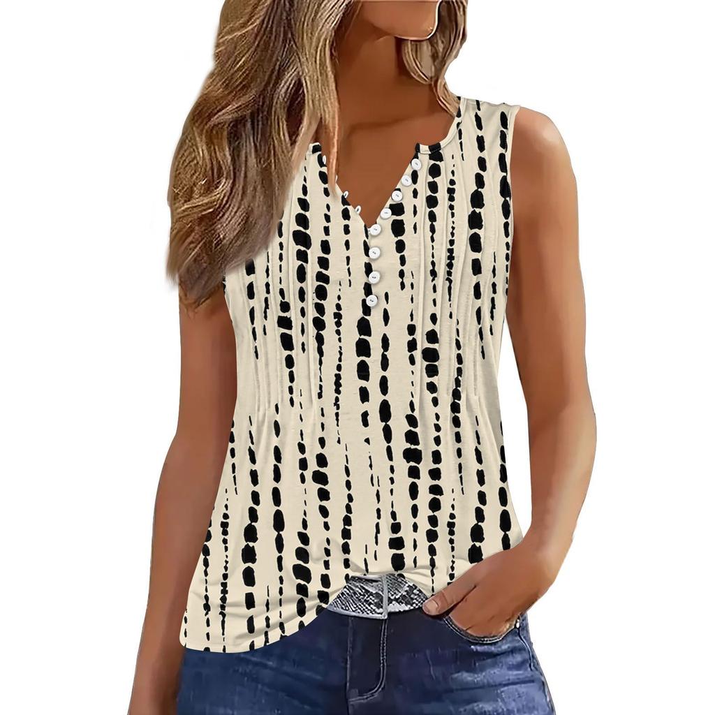 Women's Flowers And Plants Casual Loose Pleated Shirt V Collar Button-down T-shirt Shirt Sleeveless Vest Top
