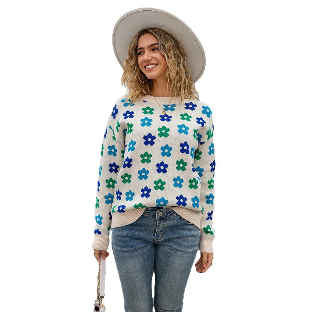 A New Autumn Style Pullover Round-neck Sweater for Women, A Versatile Floral Print Warm Long-sleeved Knitted Top
