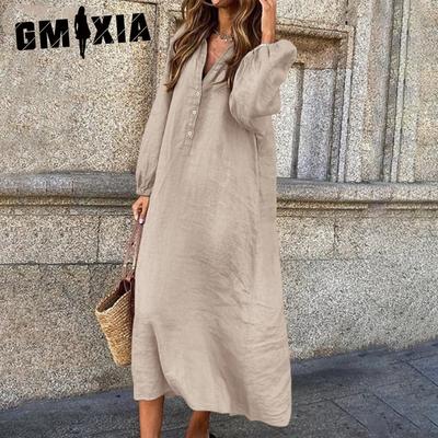 Vestido Longo de Linho de Algodão Cor Sólida Manga Longa Decote V Botões