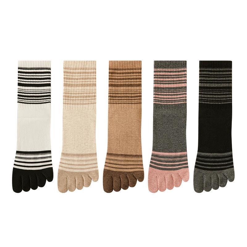 Women's Pure Cotton Non-Slip Five-Toe Mid-Calf Socks: Breathable, Odor-Resistant, Striped, for Spring/Summer