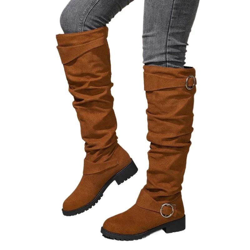 2024 Hot Sale Ladies Shoes Slip-on Women's Boots Fashion Belt Buckle Modern Boots Women New Plus Size Solid Knee-High Boots