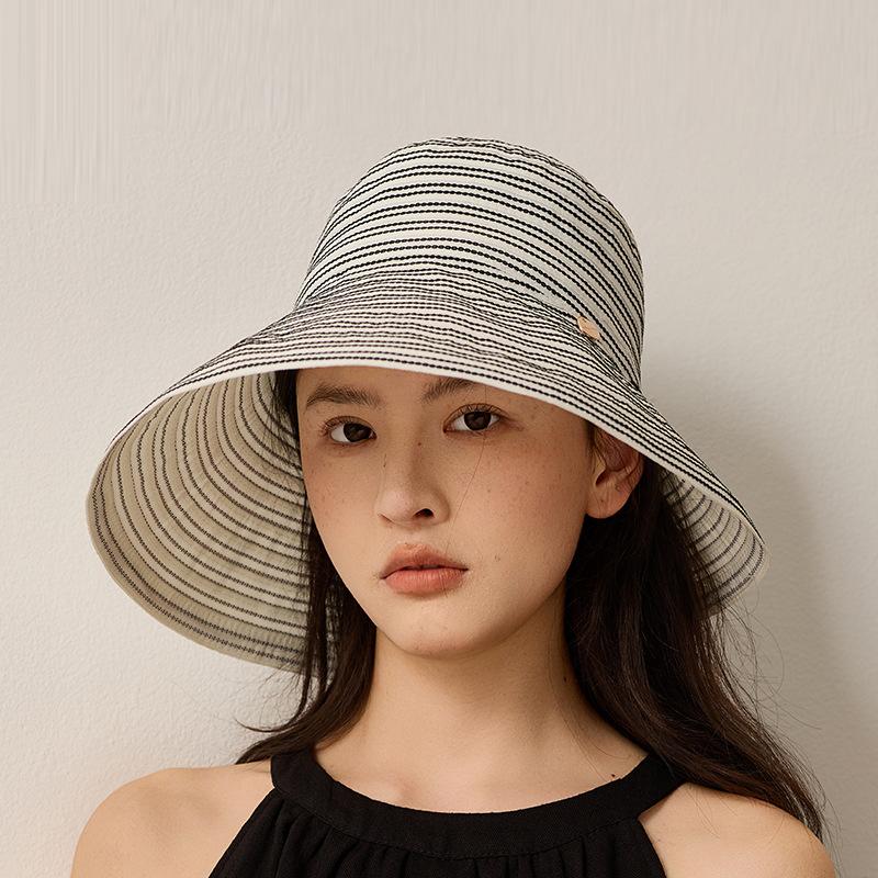 Striped Bow Big Brim Fisherman Hat Women's Summer Outdoor Travel Foldable Sun Hat