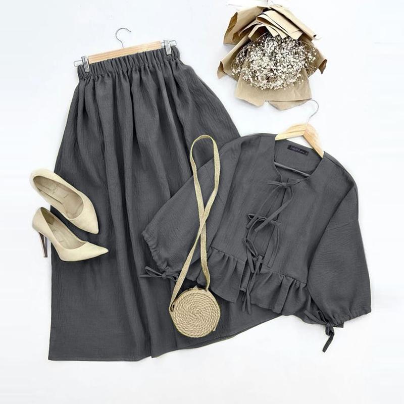 

ZANZEA Женские летние комплекты с круглым вырезом, длинным рукавом, завязкой, блузкой и юбкой А-силуэта XL темно-серого