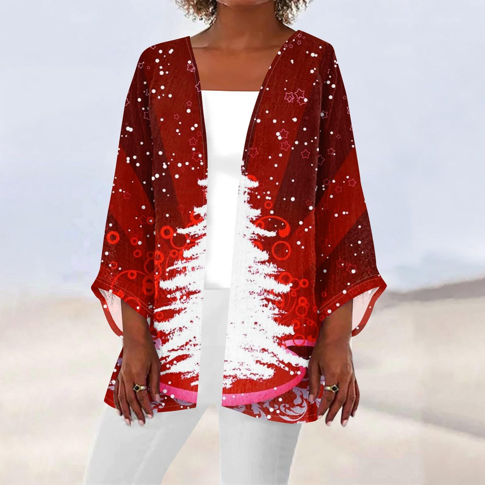 

Женская повседневная мода с рождественским принтом легкая куртка средней длины кардиган XL красный