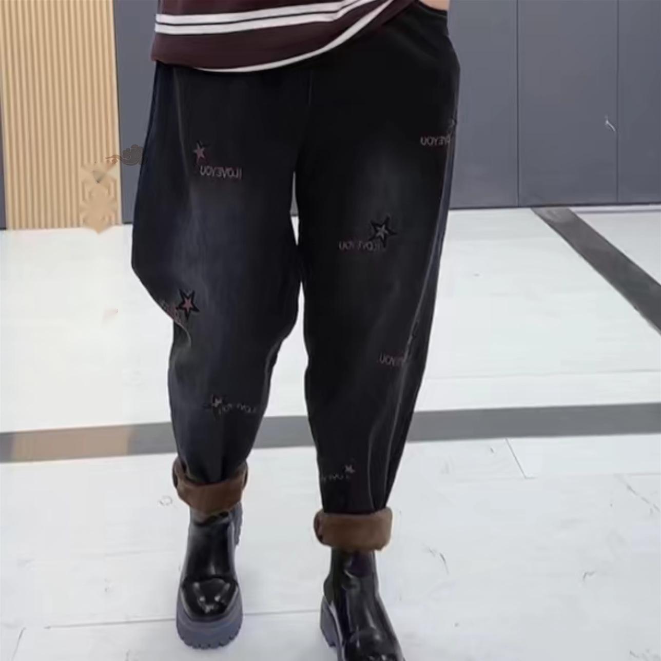 

Plus Size Women s Slimming Velvet Embroidered Jeans - Autumn/Winter Casual Fashion XXL (suggested 160-180 jin) чёрный