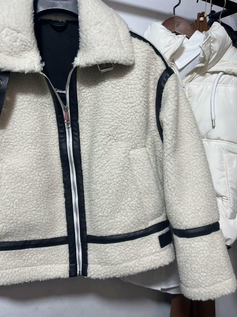 Europäisch-Amerikanischer Damen-Motorradmantel aus Lammwolle & Leder - Herbst/Winter 2023 Edition