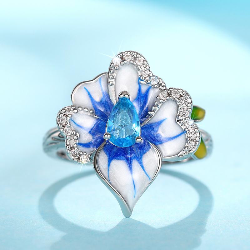 Huitan Unique Blue Flower Enamel Design Women Rings Pear Sky Blue CZ Aesthetic Female Rings Wedding Party Elegant Lady Jewelry