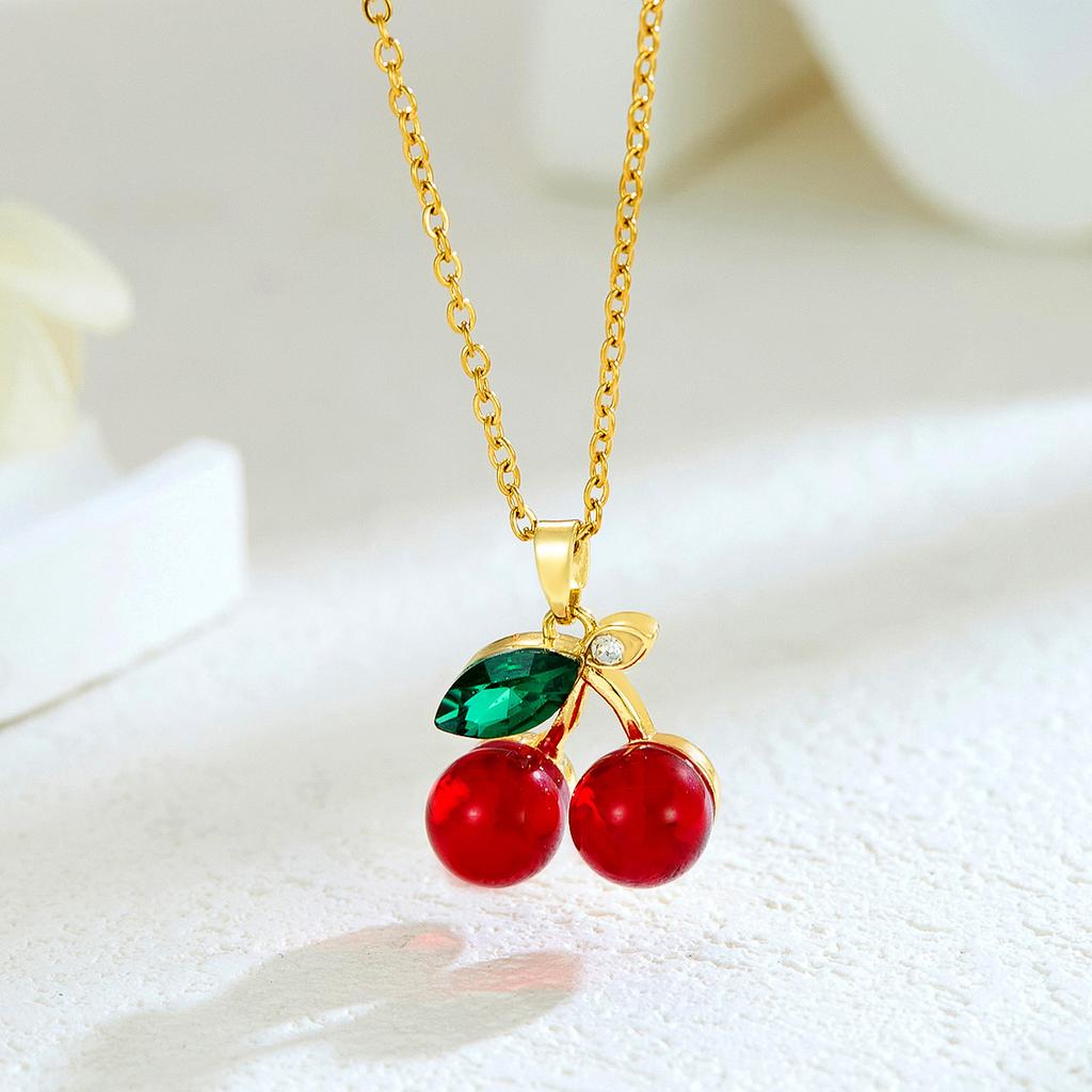 New Sweet and Cute Dripping Oil Strawberry Cherry Titanium Steel Necklace Female Simple Versatile Fruit Series Collarbone Chain