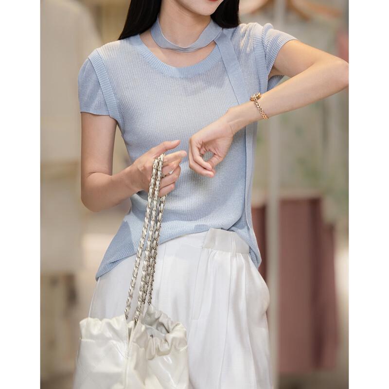 Demana Women's Summer Linen-Lyocell Blend Knit Top with Ribbon Tie