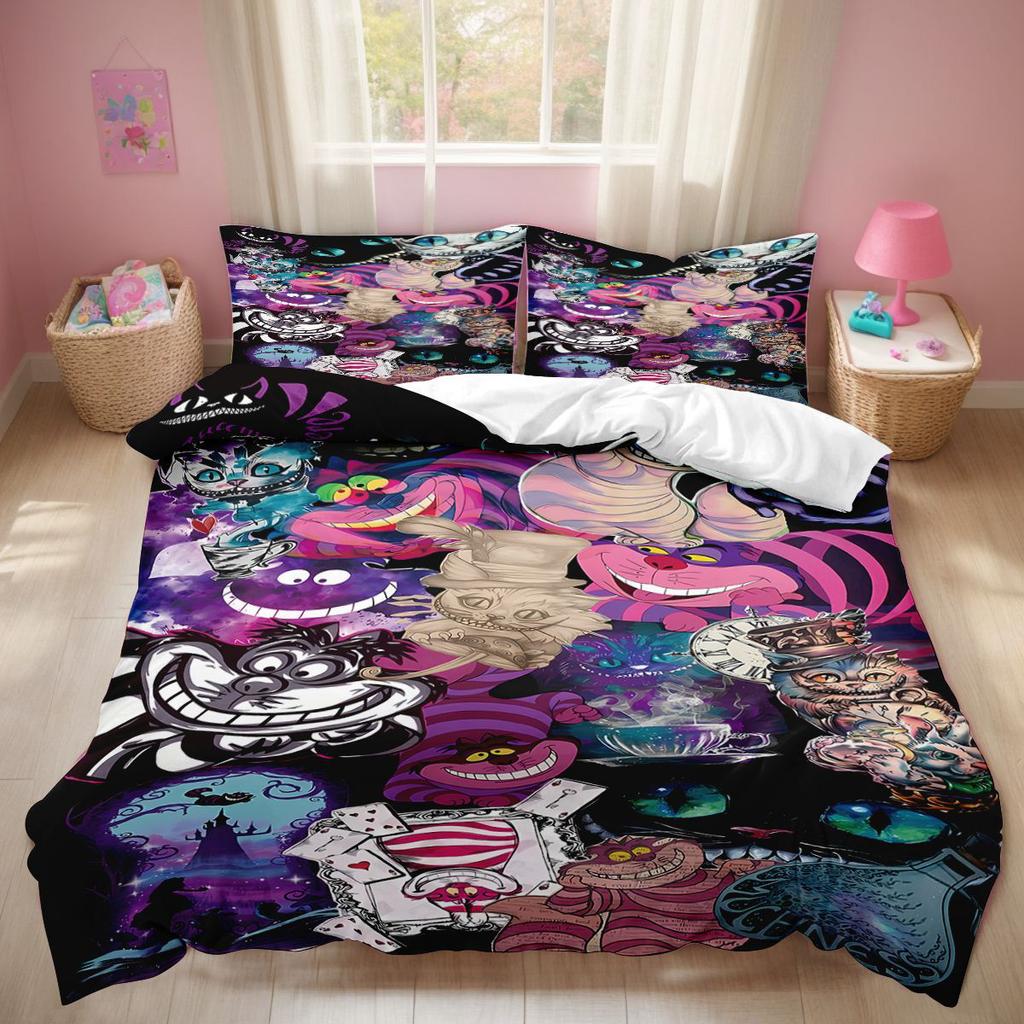 Alice In Wonderland Cheshire Cat Bedding Set Kawaii Pink Purple Duvet Cover With Pillowcases Anime Quilt Cover Bedroom Decor
