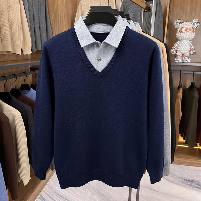 Yiliteng Men's V-Neck Faux Two-Piece Sweater