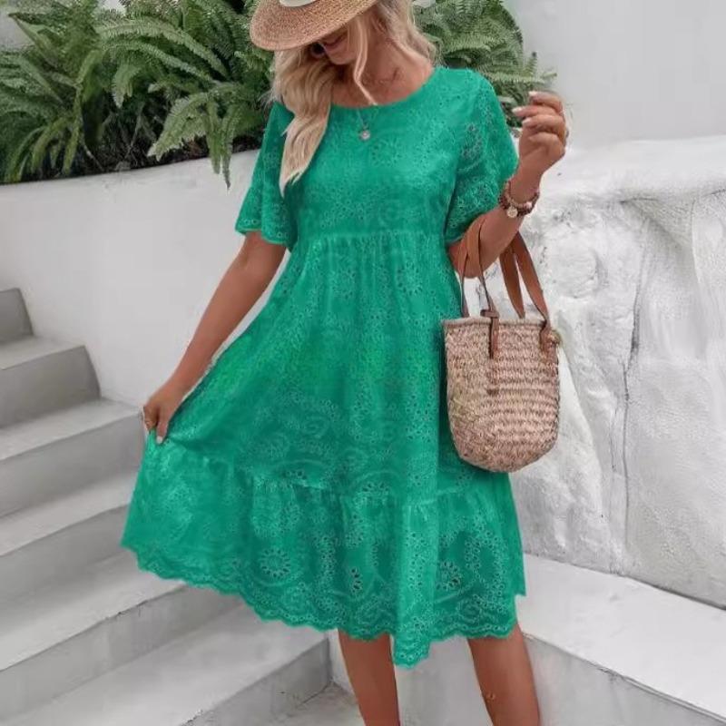 VEZFAA Moda damska Lato Wiosna Jednolity kolor Drukuj Krótki rękaw O-Neck Wysoka talia Casual Sukienki
