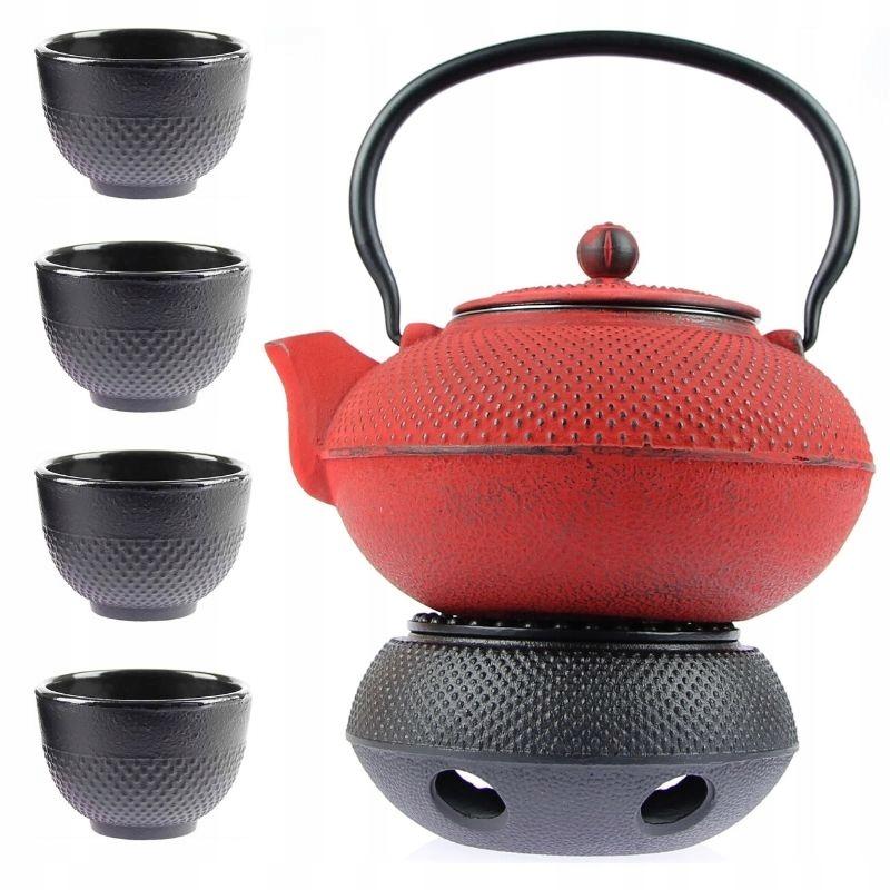 CAST IRON KETTLE 1.5L TEA POT WITH TEA INFUSER + 4x CUPS WARMER