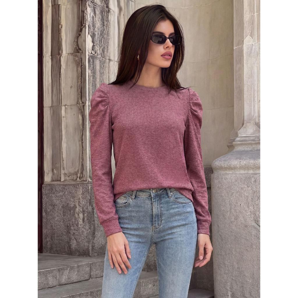 Fall Winter Women's Solid Color Loose Crew Neck Pleated Long Sleeve T-shirt Top For Cross-border European American Trade