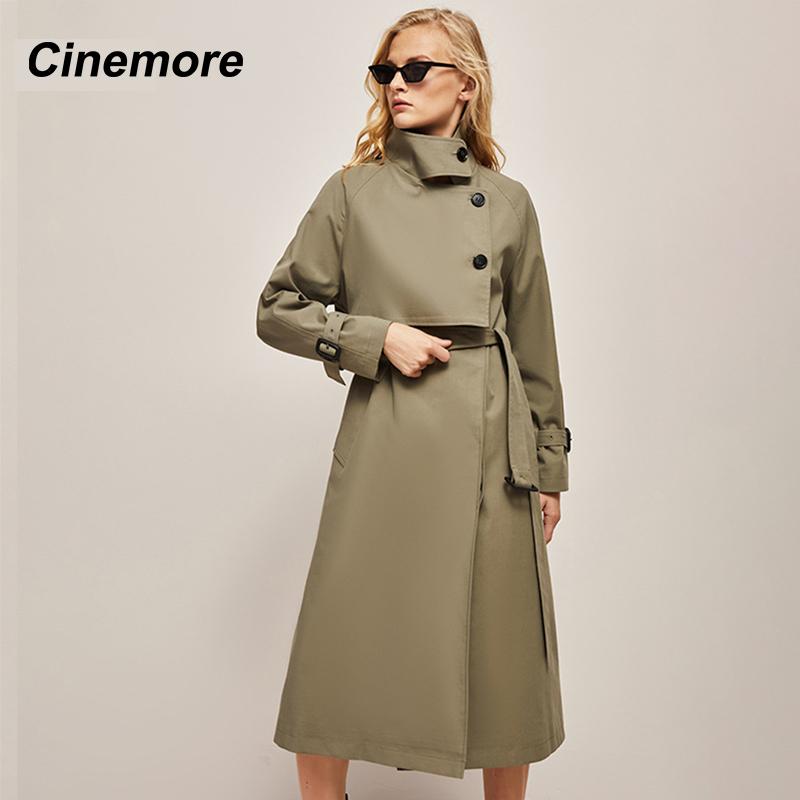 Cinemore Trench Coat for Women Long Windbreaker Jacket Casual Solid Loose Windproof Overcoat Lapel Belted Fashion Chic Lady Coat