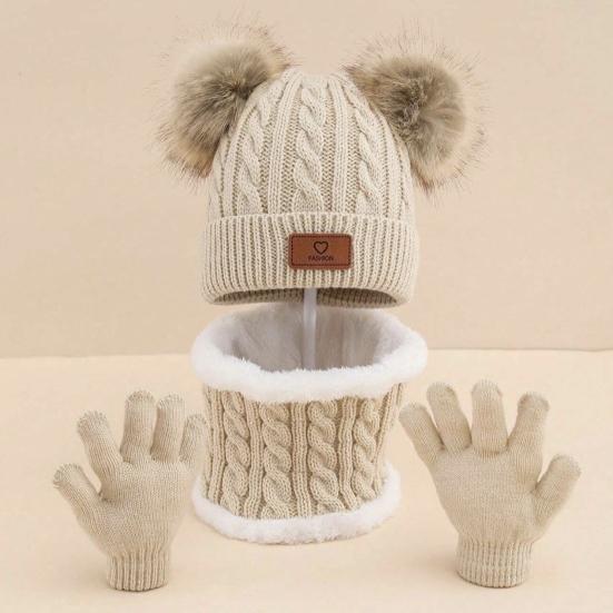 Yousheng 3Pcs/Set Kids Winter Hat Scarf Gloves Set Two Plush Ball Decor Twist Texture Brimless Hat Knitting Gloves Fleece Lining Neck Gaiter Set