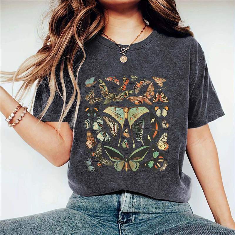 

European & American Women s Butterfly Print Round Neck Short Sleeve Summer T-shirt Large