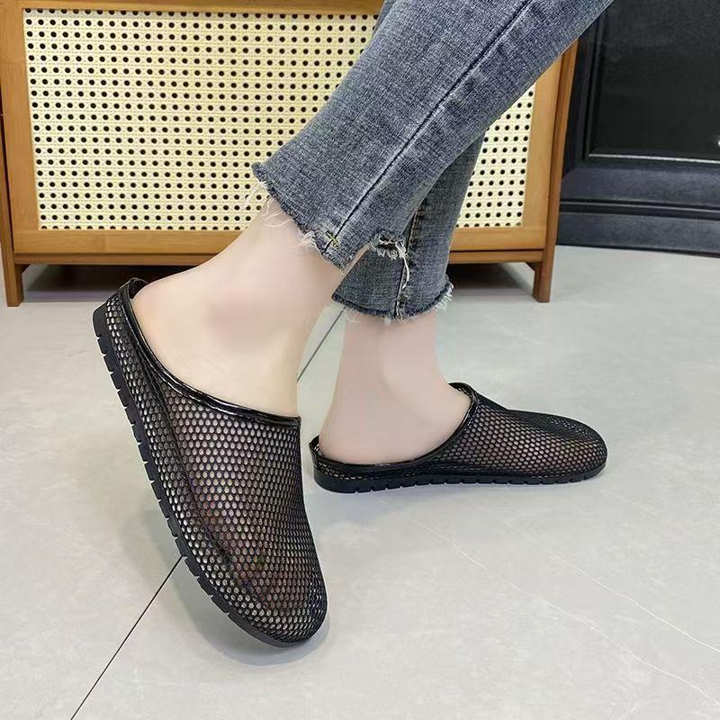 Women's Summer Baotou Mesh Flat Sole Slippers Soft sole Non Slip Breathable Outdoor Half Slippers Lazy Slippers Sandals