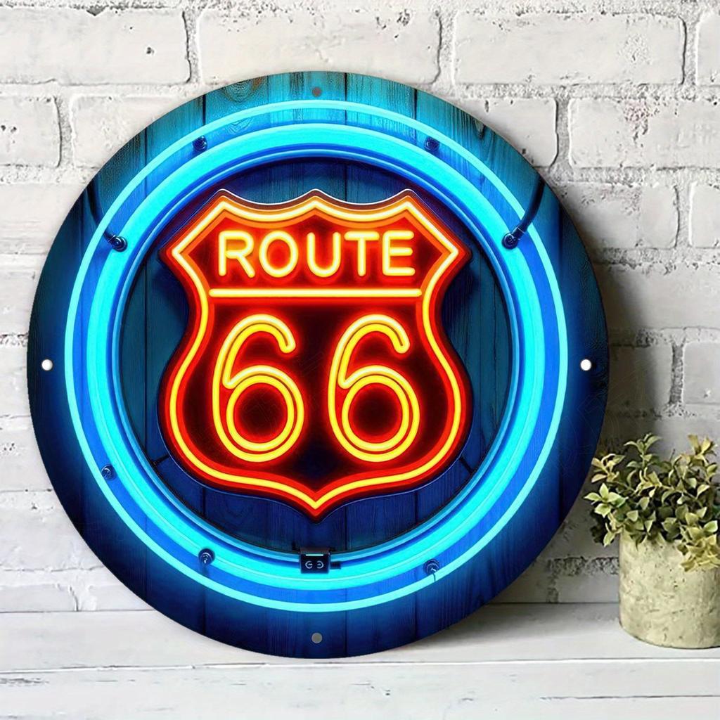 Retro Route Metal Wall Sign IN Round Aluminum Neon Blue Orange Light Decor for Bar Home Garage