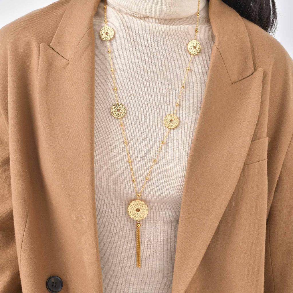 Vnox Stainless Steel Multilayer Sweater Chains Luxury Jewelry Round Coins Pendant Necklace For Women Gift Wholesale