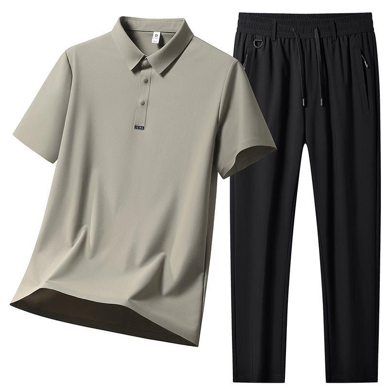 Men's Polo Short Sleeve & Long Pants Set: Summer Breathable, Elastic, Cool Touch Casual Sportswear.