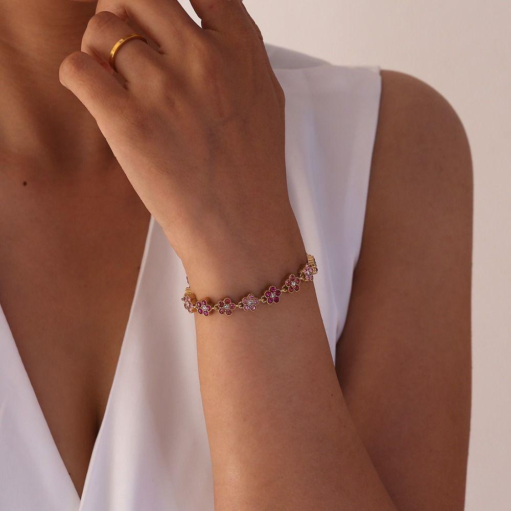 Gold Plated Crystal Flower Bracelet Adjustable Stainless Steel Bracelet Gift Giving