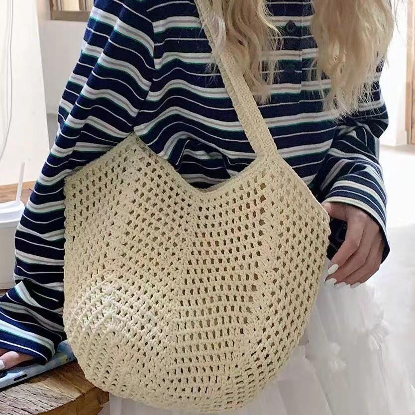 2025 Spring New Hollow Bucket Bag Shoulder Cotton Woven Bag Large Capacity Straw Bag Fashion Beach Women's Bag