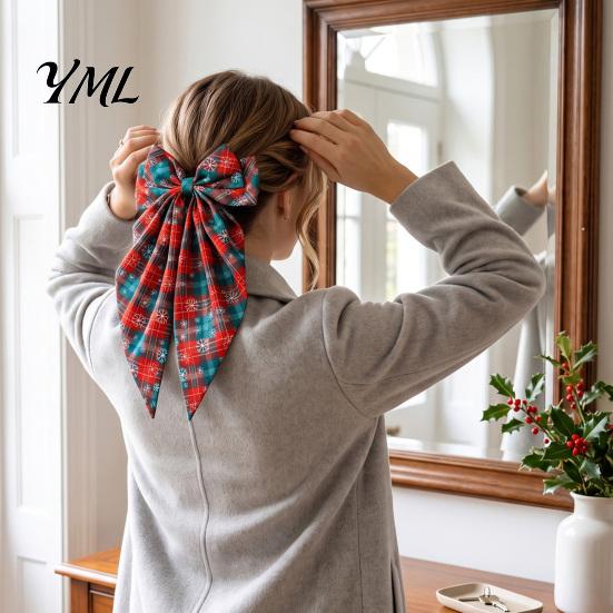 Christmas Tree Hair Ornaments Large Bow for Women Girls, Decorative Clip with Classic Holiday Snowflake Plaid Ties Prints, Elegant Long Tail Barrettes