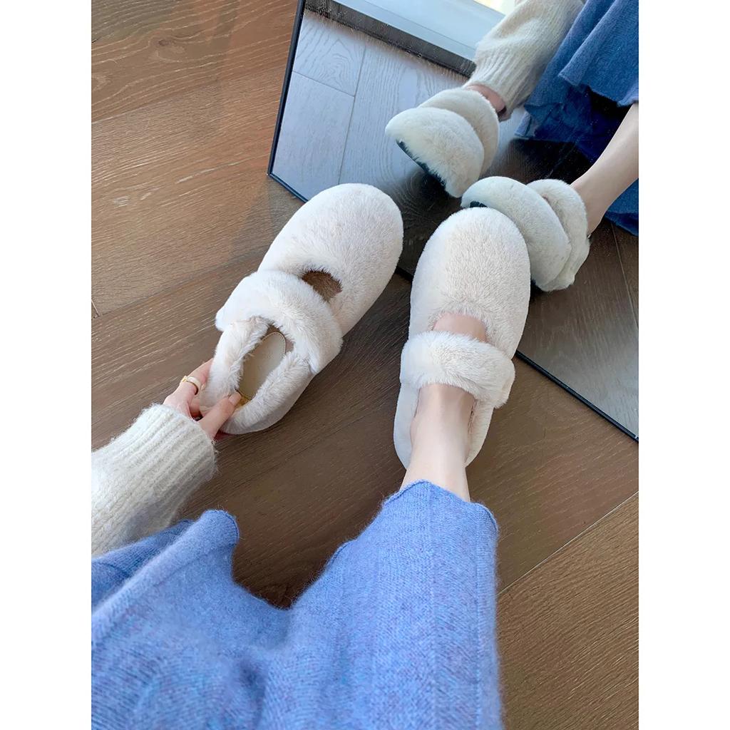 Módní dámské boty Mary Janes s kulatou špičkou a kožešinou Dámské zimní teplé plyšové mokasíny 2025 Nové baleríny z umělé kožešiny s bavlněnou výplní 43