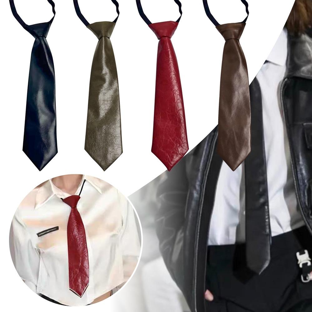 College Style PU Leather Ties Solid Color Lazy Tie Retro JK Necktie