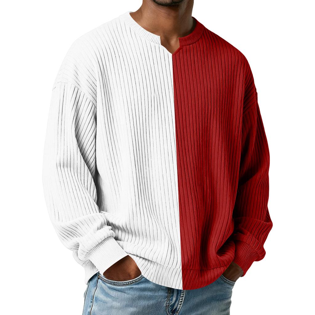 Herrars Färgblockerad Stilfull V-ringad Ribbad Texturerad Långärmad T-shirt