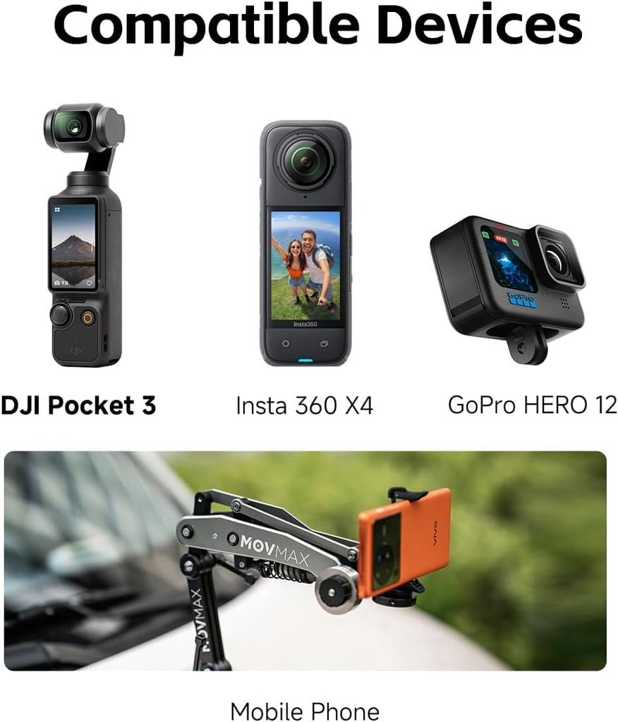 Movmax Blade Arm Instruction Video Warranty for DJI Pocket Insta and GoPro HERO 12 Cameras with N2 Arm Technology and Universal Locking Screws