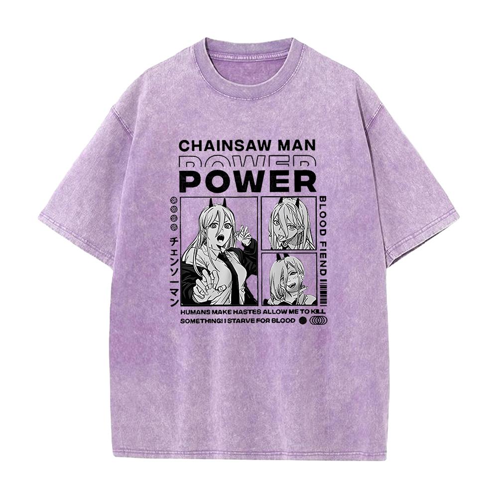 Anime Chainsaw Man Power Print Tee Men Women Plus Size Tshirts Manga Washed Cotton T Shirt Harajuku Unisex Comfortable Tshirt