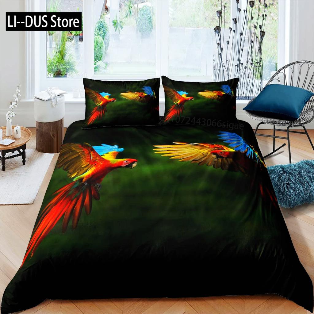 Tropical Comforter Queen Full Size,Parrot Comforter Set,Green Leaves 3pcs Print Duvet Bedding Set 1 Comforter with 2 Pillowcases