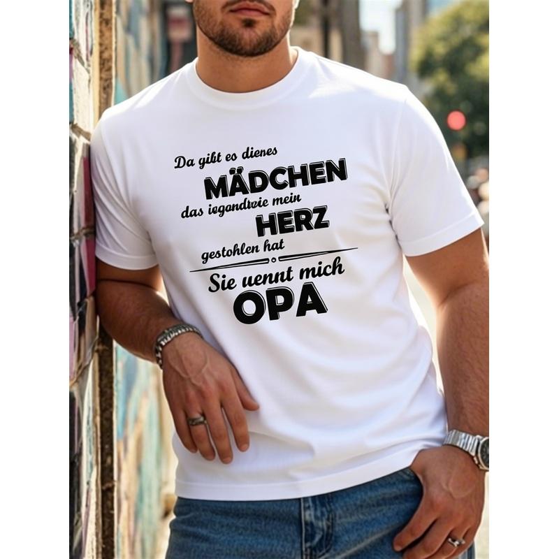 Men's Heavyweight German Text T-Shirt - Plus Size Casual Round Neck Short Sleeve Shirt with German Lettering, Machine Washable Suitable for Casual
