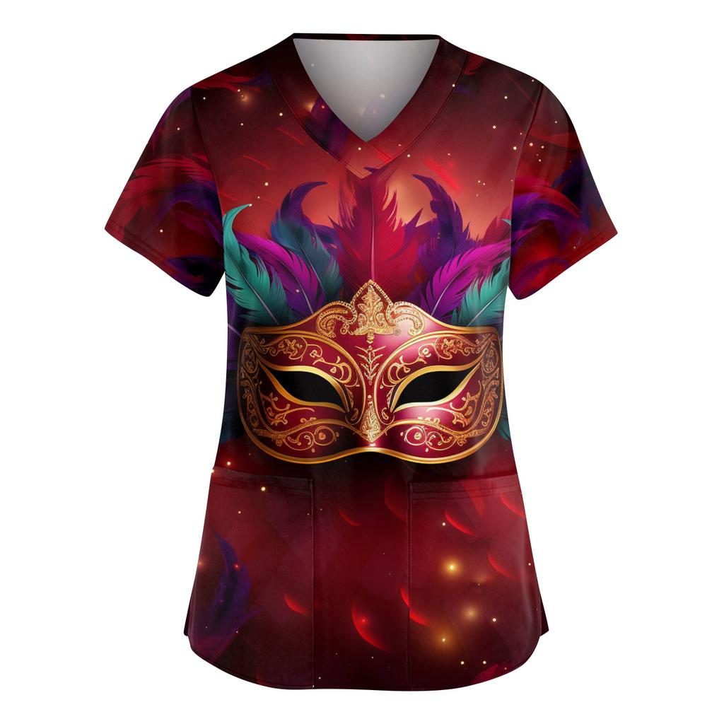 Women's Fashionable V-neck Workwear Printed Short Sleeved Pocket Side Slit Workwear Basic Pullover Top